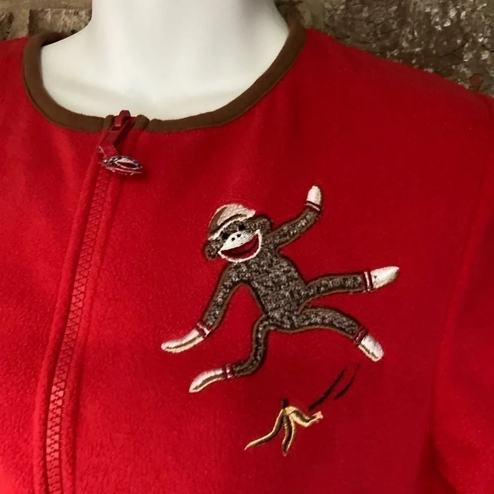 Nick & Nora Red SOCK MONKEY Footed Pajamas One Piece size medium.